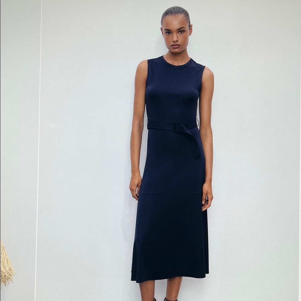 BRAND NEW W/TAGS SZ.4 (EUR.SM.) MANGO NAVY BELTED MIDI DRESS A-LINE DESIGN.
